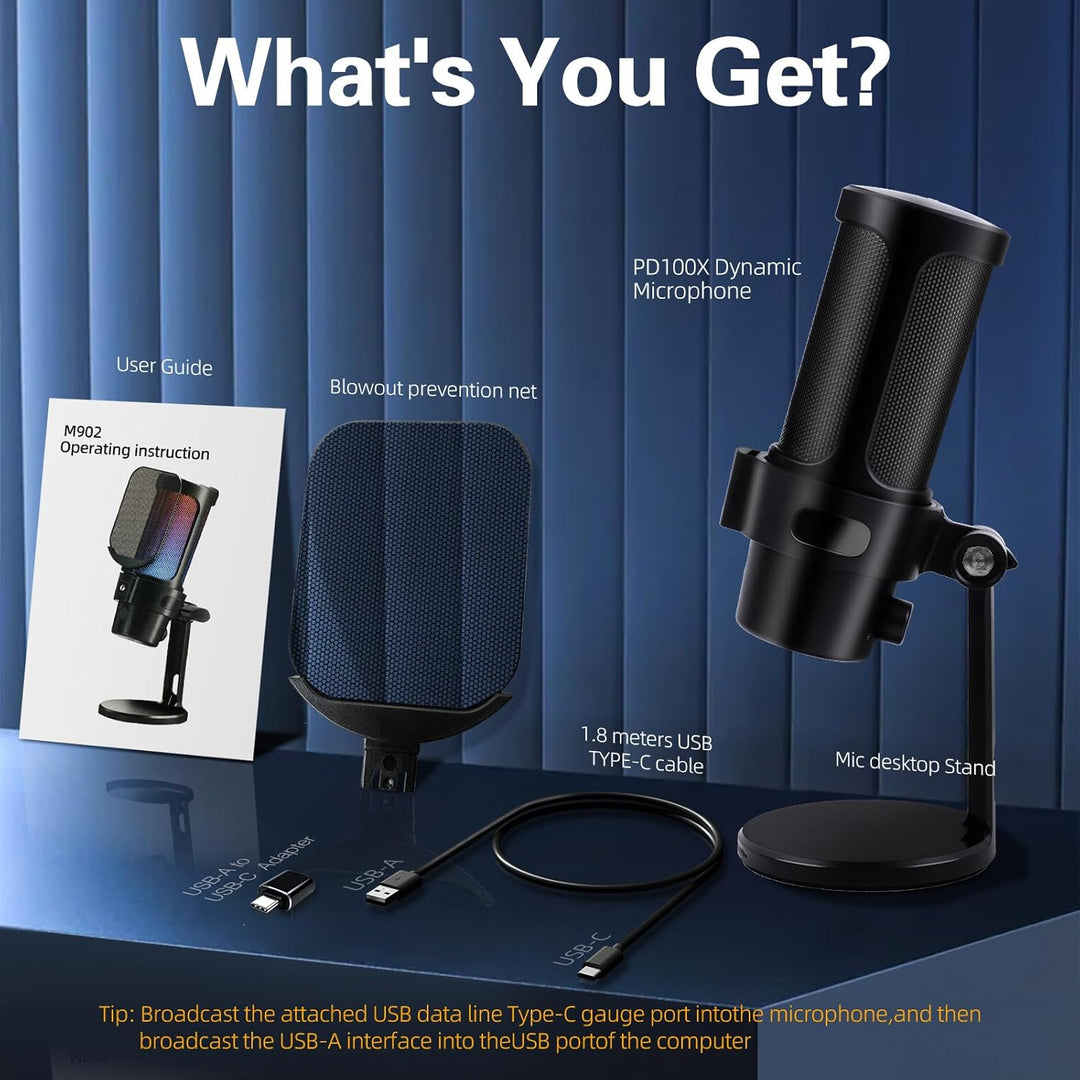 VCOM Gaming Mikrofon PC, RGB USB Mikrofon mit Mute, Pop-Filter, Gain, Gaming Zubehör Microphone für