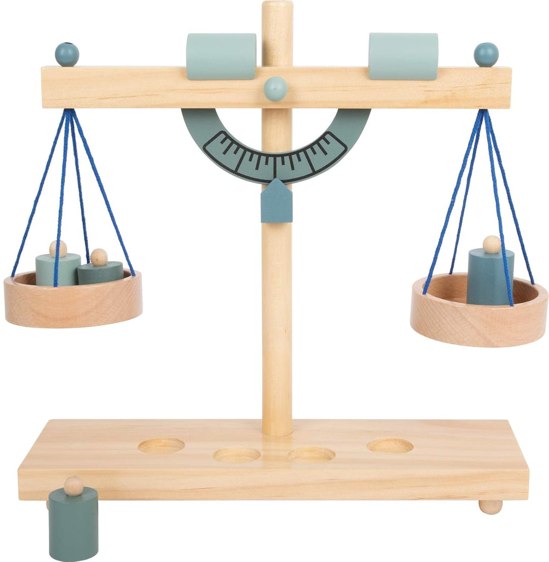 small foot Waage für Kaufladen aus Holz, Balkenwaage mit vier Gewichten, Zubehör für Kaufmannsladen,