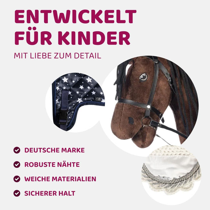 Hobby Horse Set Schwarz Weiss mit Blauer Decke und Blauer Fliegenhaube, Steckenpferd für Kinder, Sto
