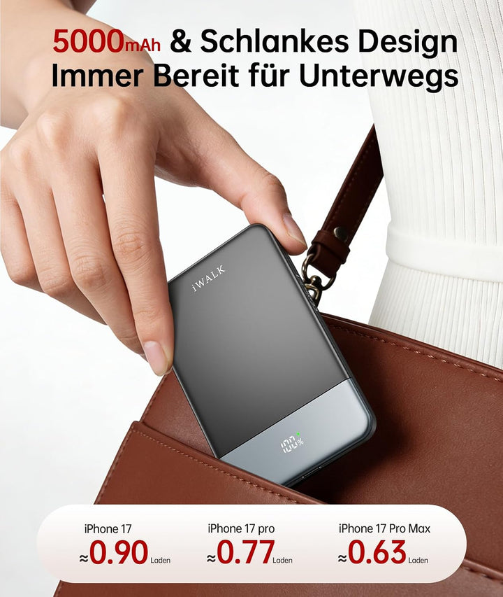 iWALK Powerbank für Magsafe 5000mAh, Slim Magnetische Power Bank, Kabelloses Tragbares Ladegerät mit