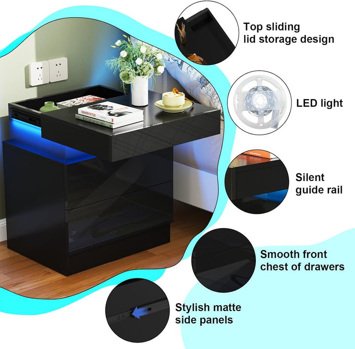 Nachttisch Schwarz mit Led Licht, Nachtschrank, Nachtkommode mit 2 Schubladen und Schränke mit Klapp