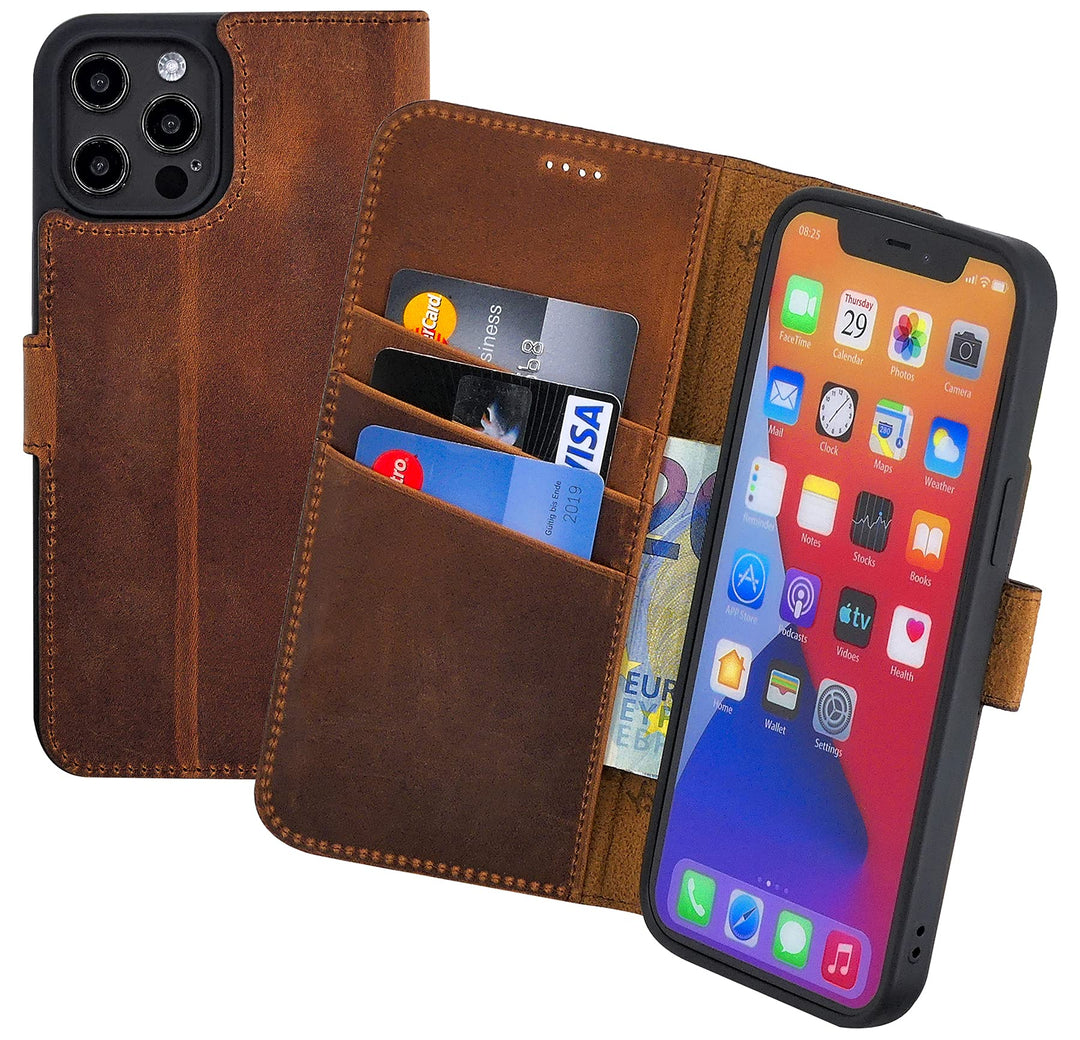 Suncase Book-Style Hülle kompatibel mit iPhone 14 Plus (6.7") Leder Tasche (Slim-Fit) Lederhülle Han