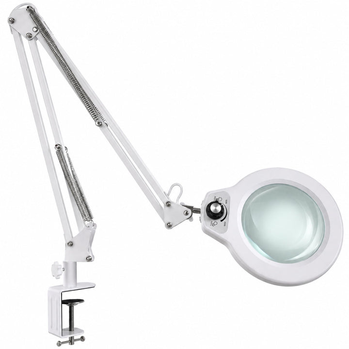 LED Lupenleuchte Weiss mit Klemme, 12,5 cm Glaslinse 5 Dioptrien | Grosse Lupe, Extra langer Schwing