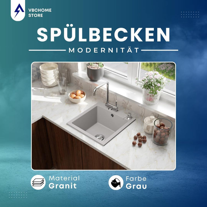 VBChome Granitspüle 50 x 48 cm Grau mit flexibler Armatur Einzelbecken Einbauspüle Gesprenkelt Pfleg