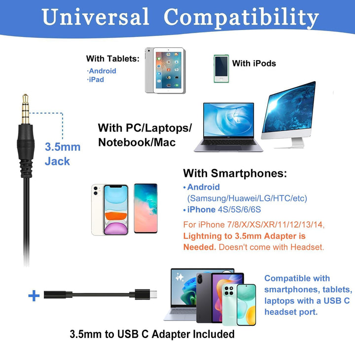 PC Headset Handy für Smartphone Computer Laptop, 3,5mm Klinke USB-C Kopfhörer Handy mit Mikrofon für