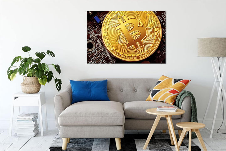 Pixxprint Bitcoin BTC auf Platine als Leinwandbild | Grösse: 120x80 cm | Wandbild | Kunstdruck | fer