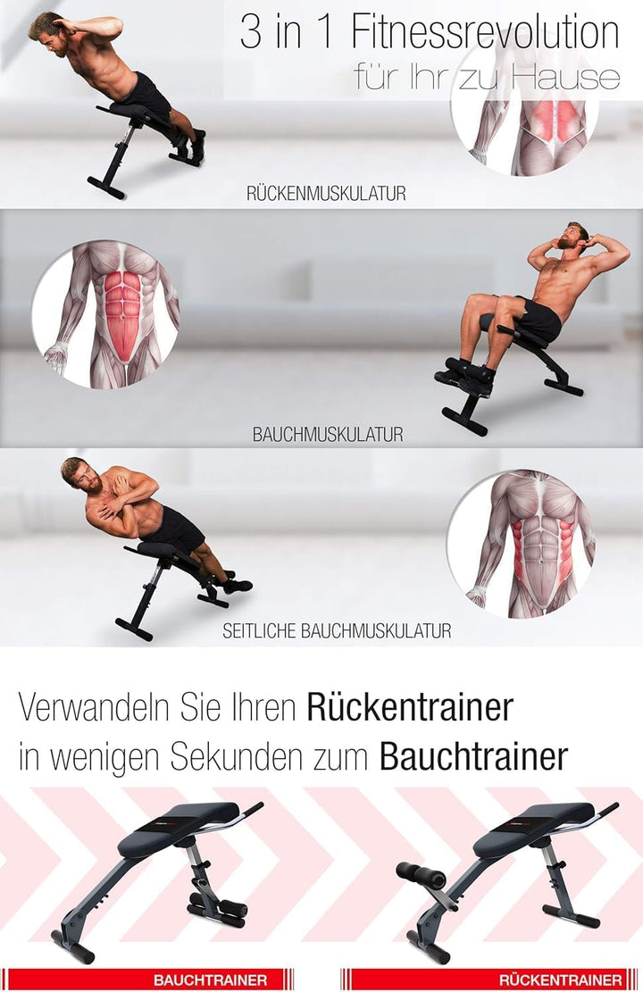 Sportstech einzigartiger 3in1 Rücken- & Bauchtrainer, Schrägbank Hantelbank klappbar, Multifunktion