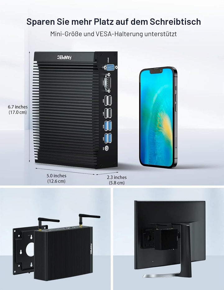 FANPEEC Fanless PC Core i3 6157U, Industrial Mini PC Windows 10 Pro 8 GB RAM 256 GB SSD, Desktop PC