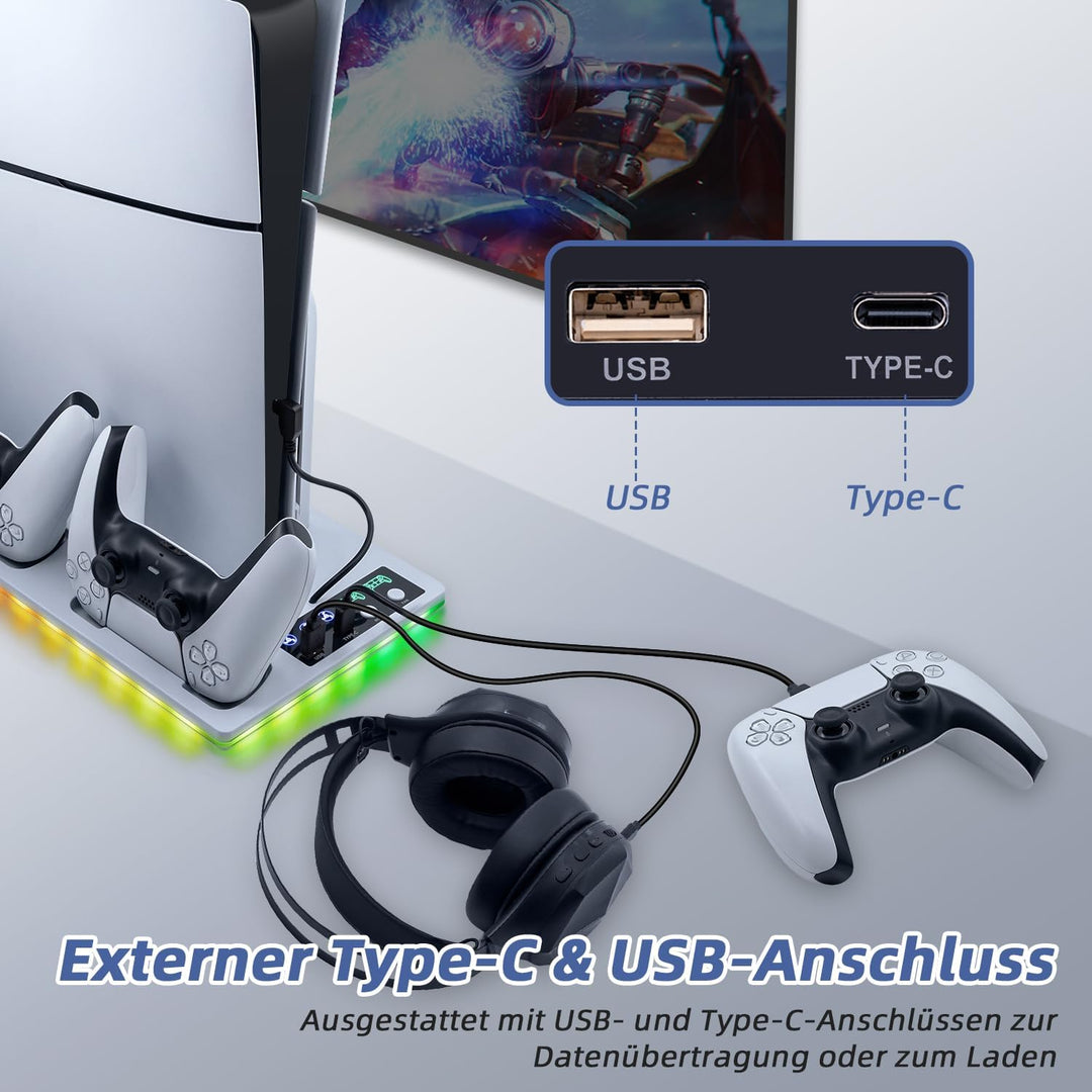 Wigearss PS5/PS5 Slim/PS5 Pro Kühler Standfuss mit Dual Controller Ladegerät, PS5 Controller Ladesta