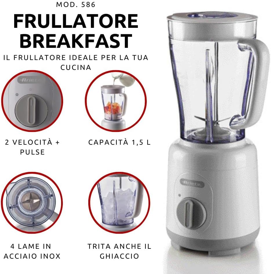 Ariete Breakfast 586 Blender, Elektrischer Mixer mit 4 Edelstahlklingen, 2 Geschwindigkeiten + Pulse