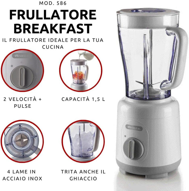 Ariete Breakfast 586 Blender, Elektrischer Mixer mit 4 Edelstahlklingen, 2 Geschwindigkeiten + Pulse