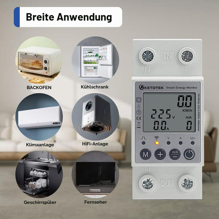 KETOTEK Smart 1 Phasig Stromzähler Hutschiene Digitale LCD Energiezähler KWh Zähler WLAN Fernbedienu
