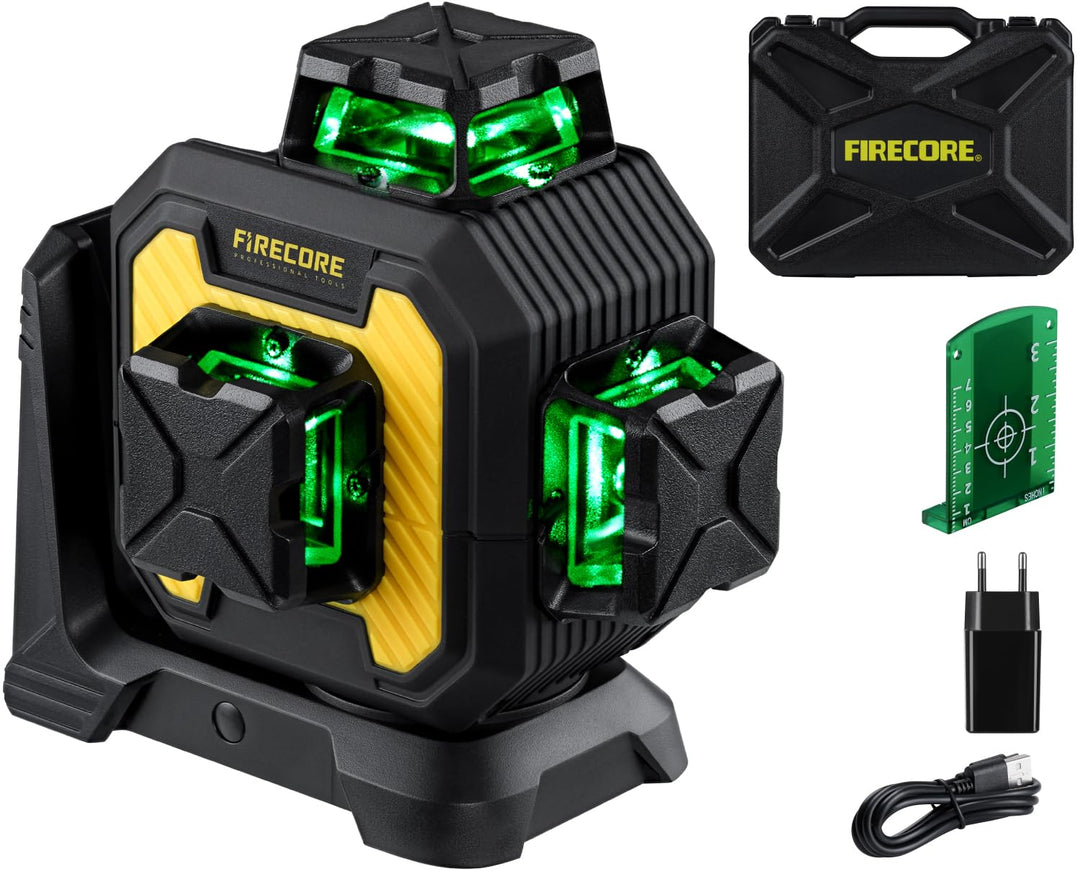 Firecore 3 x 360° Laser Wasserwaage, grüne Kreuzlinienlaser, selbstnivellierend, 12 Linien, Drei-Ebe