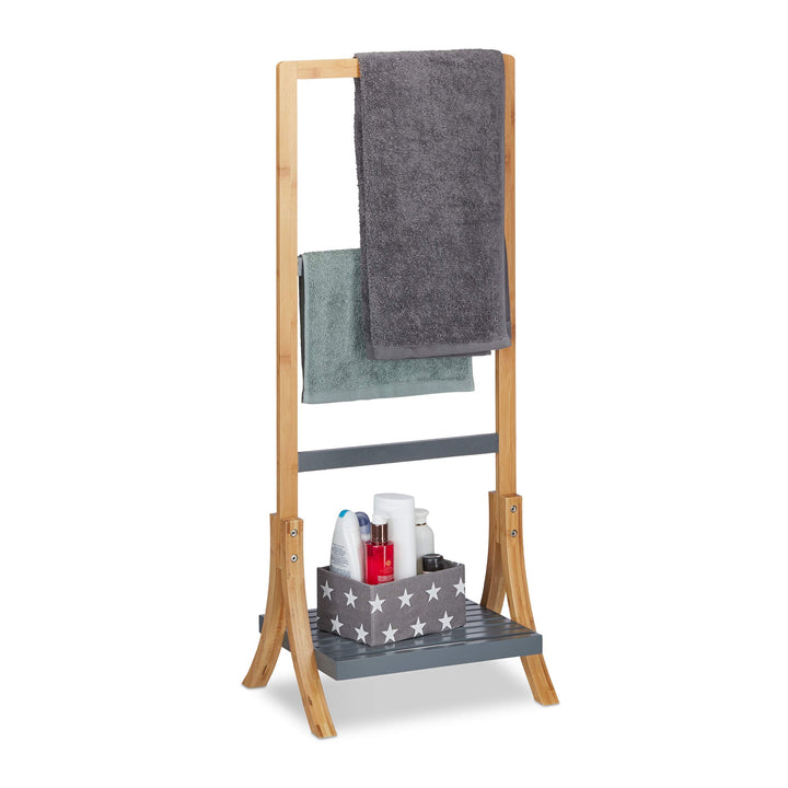 Relaxdays Handtuchhalter Bambus, mit Ablage & 3 Handtuchstangen, freistehender Handtuchständer, 103x