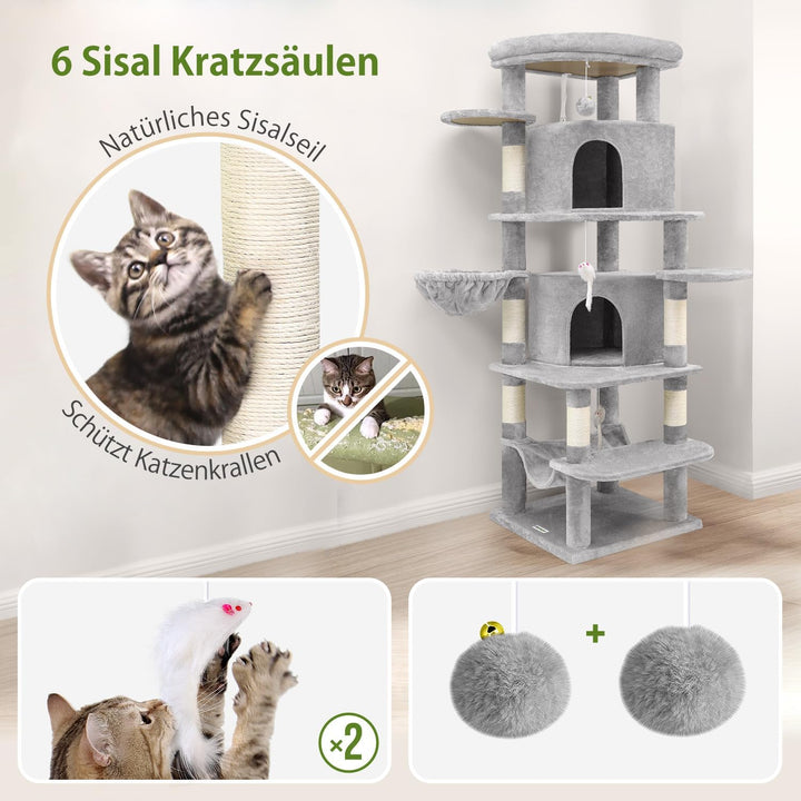 Globlazer Kratzbaum Katzen, Eckkratzbaum Stabil hoch 167 cm mit 2 Sektor Katzenhaus, Gepolsterte Pla