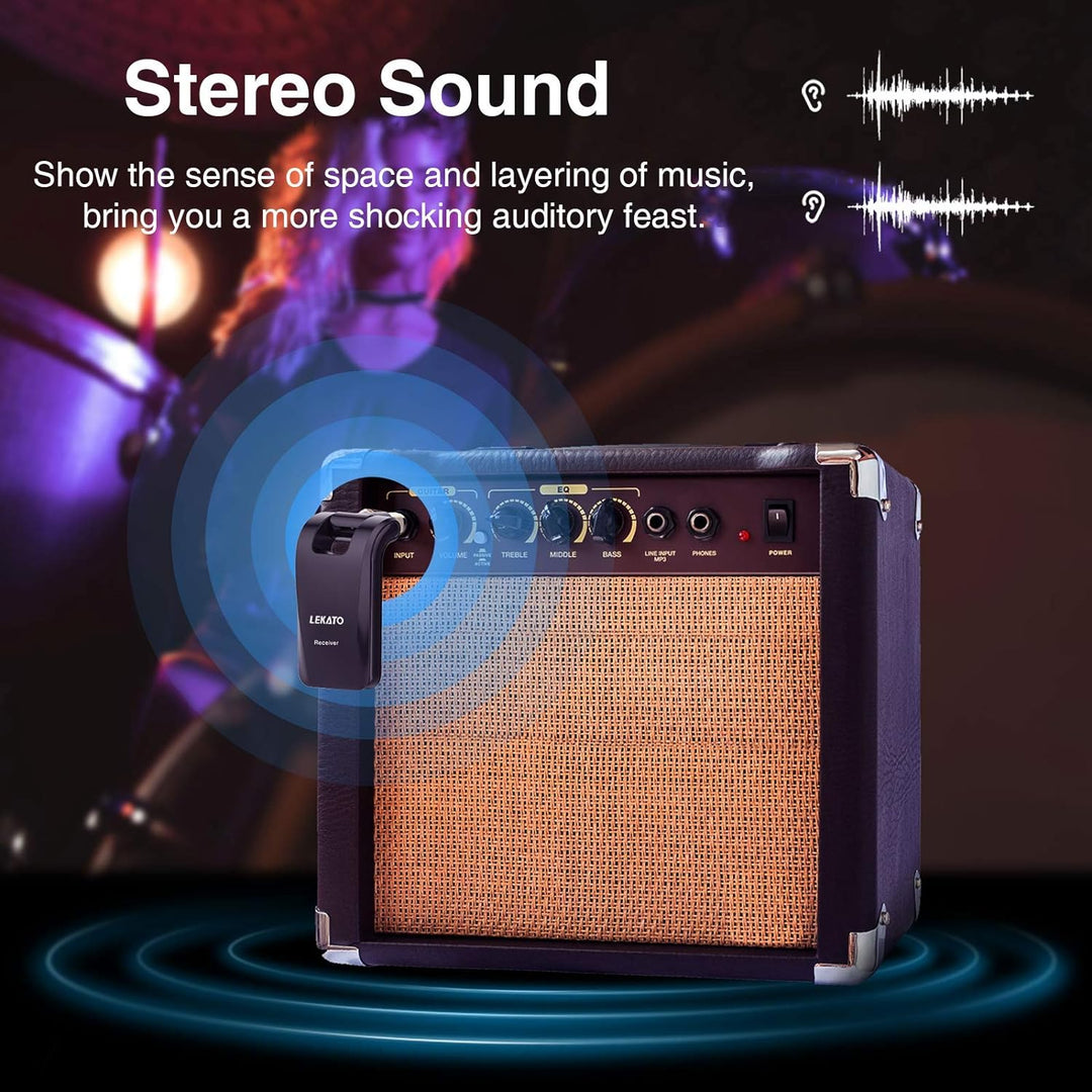 LEKATO Stereo 2.4GHZ Guitar Wireless System Wiederaufladbarer Gitarrensender Empfänger für Gitarren,
