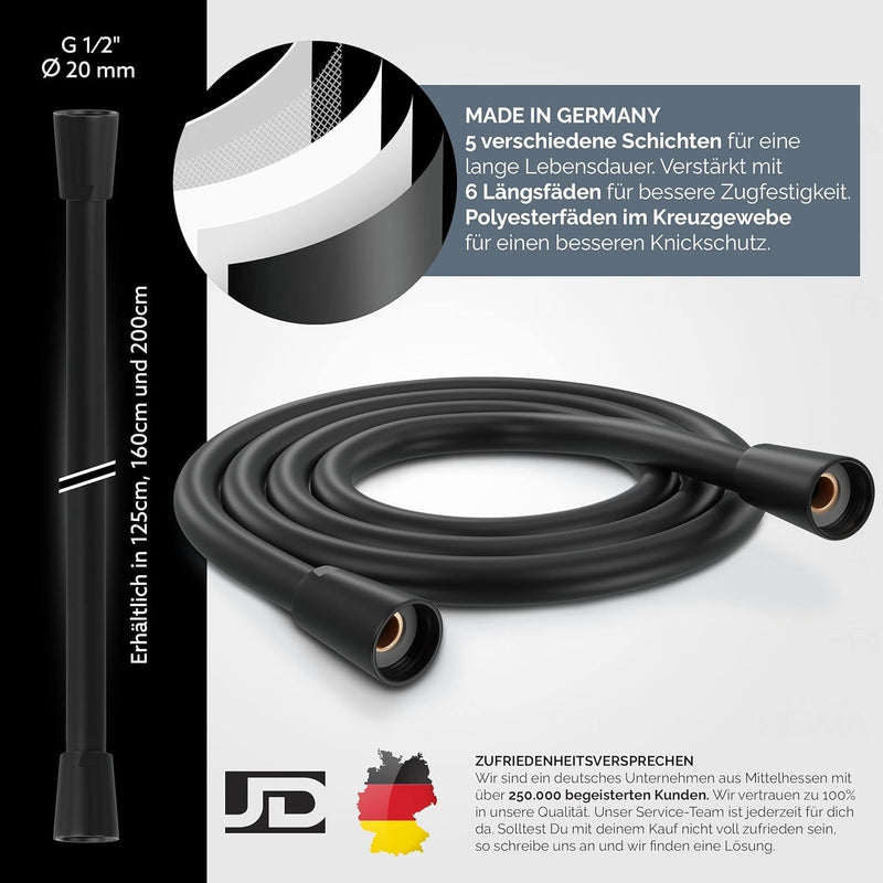 Prisma Handbrause mit Schlauch 160cm Schwarz Matt Made in Germany - Wassersparender Duschkopf mit Sc