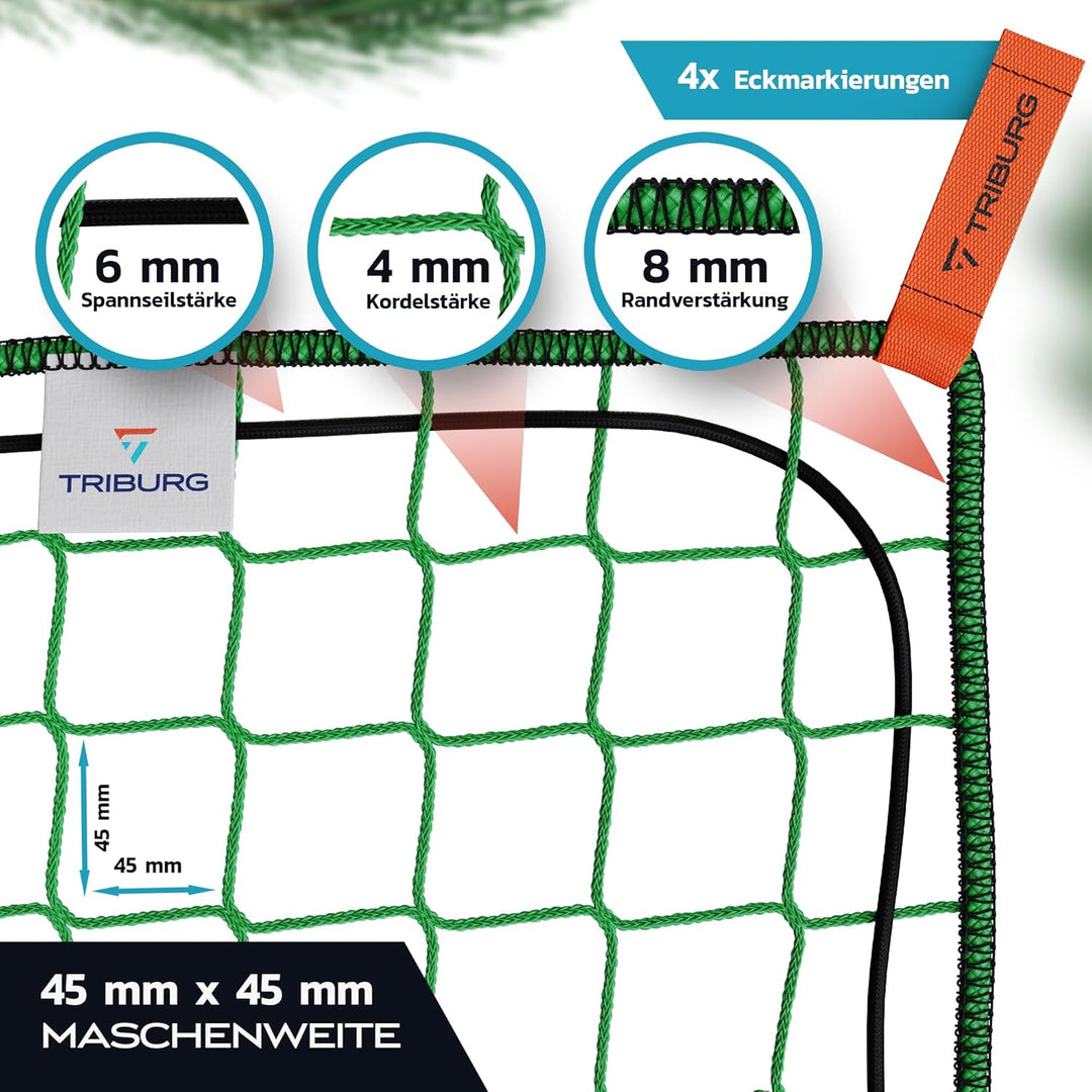 TRIBURG Anhängernetz 3x6 inkl. 12x Expander Haken - Anhänger Netz mit Eckmarkierungen und Randverstä
