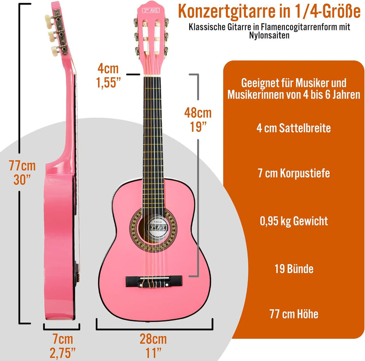 3rd Avenue 1/4 Flamencogitarren-Starterset in Kindergrösse mit Nylonsaiten – mit Tasche, Saiten – in