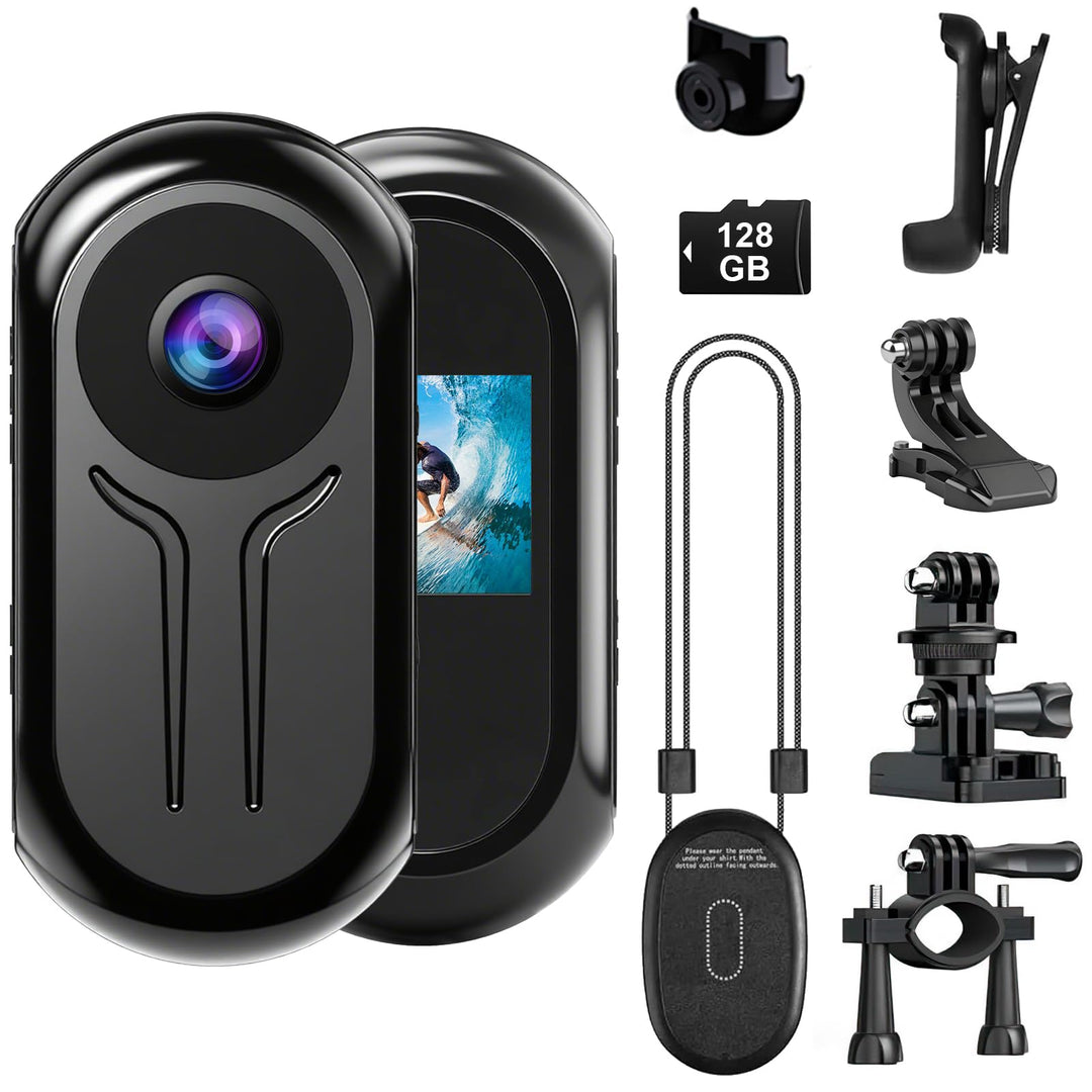 OBEST 360 Action Kamera und 128GB Karte, Mini Action Cam Bodycam Körperkamera mit Display, Magnet Mo