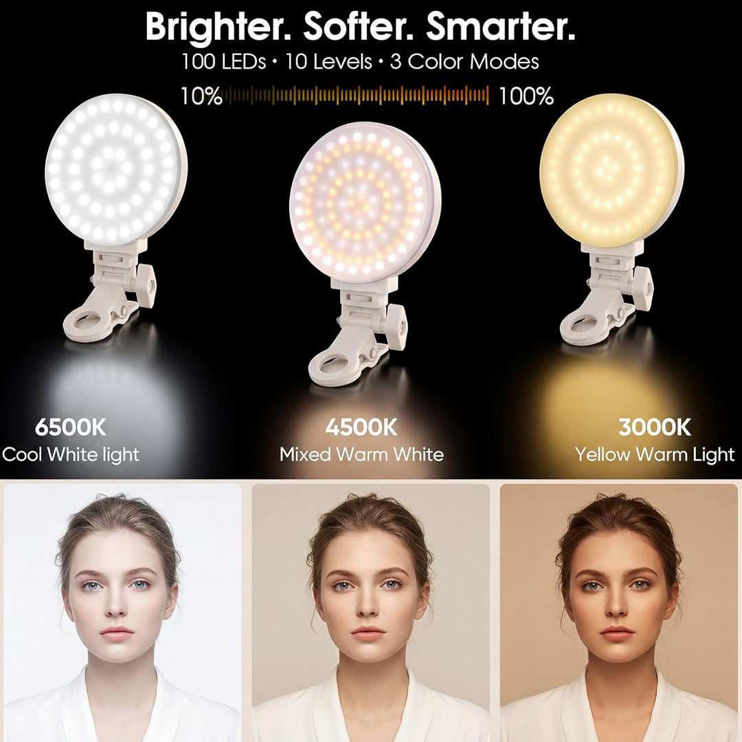 GlobalCrown Selfie Licht Handy,handylicht mit 100 LED,wiederaufladbare Beleuchtung zum Aufstecken,3