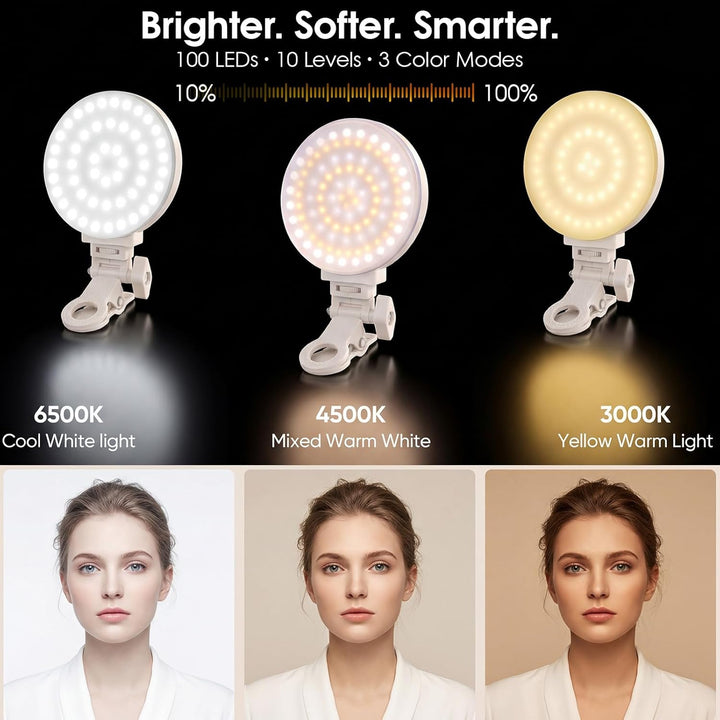 GlobalCrown Selfie Licht Handy,handylicht mit 100 LED,wiederaufladbare Beleuchtung zum Aufstecken,3