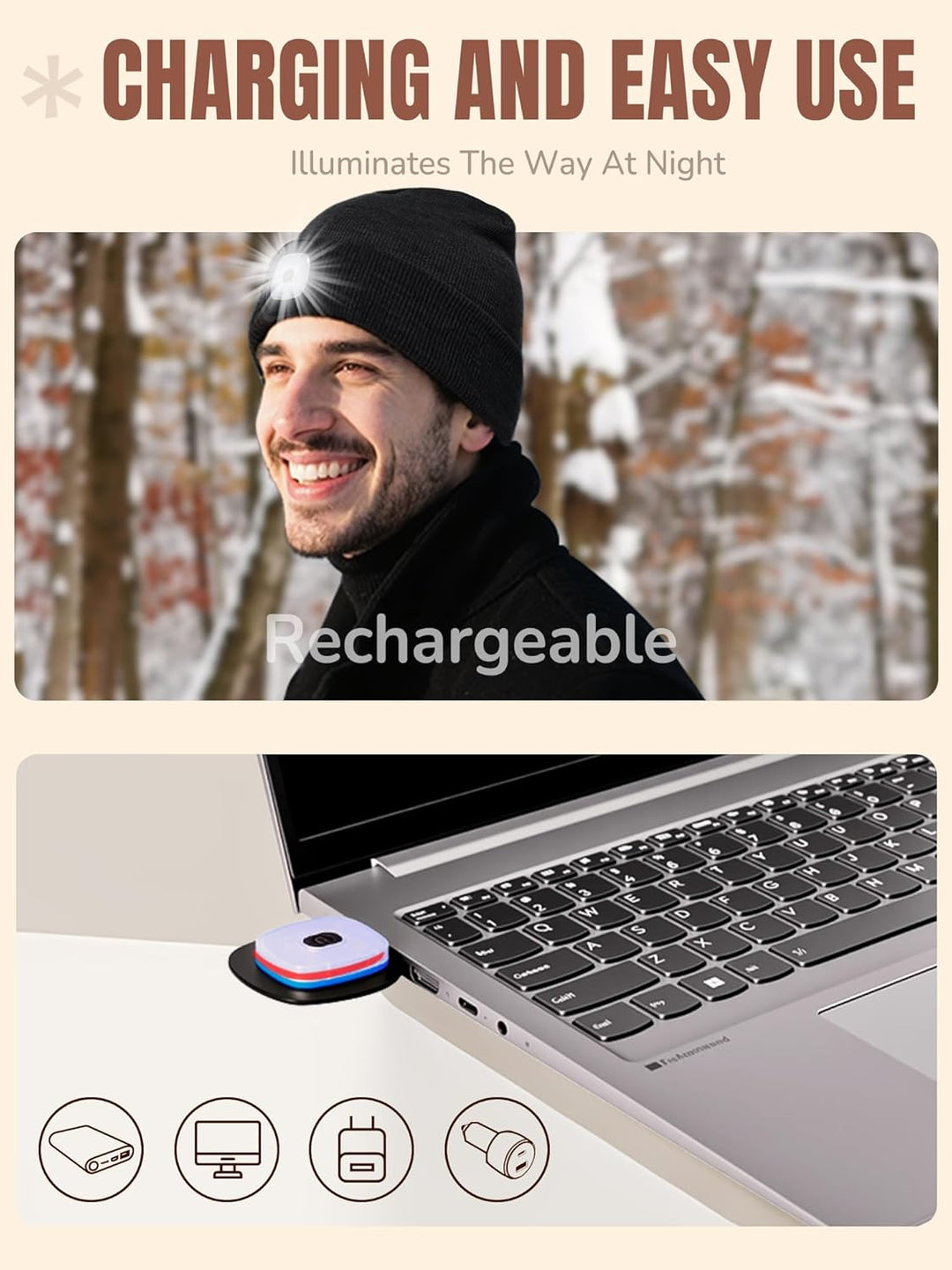 SPGOOD LED Beanie Beleuchtete Mütze mit Licht,Wiederaufladbare USB Winter Warm LED Mütze mit Licht,L