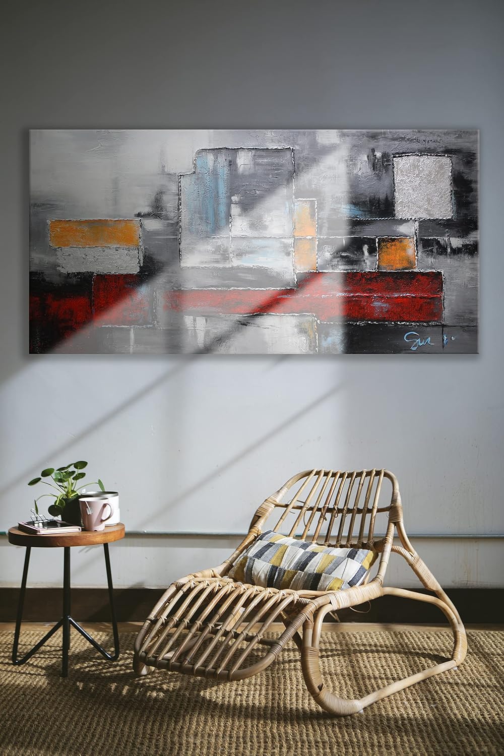 YS-Art Abstrakt Acryl Gemälde auf Leinwand Abstraktion in rot-grauen Farben handgemalt Wandbilder Wo