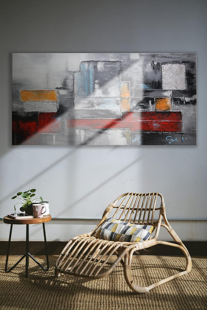 YS-Art Abstrakt Acryl Gemälde auf Leinwand Abstraktion in rot-grauen Farben handgemalt Wandbilder Wo