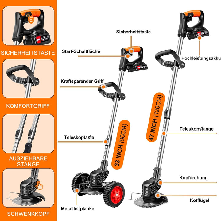 Akku-Rasentrimmer 21V Elektrischer Rasentrimmer - Motorsense akku Mit 2x2000mAh Batterie und 4 Messe