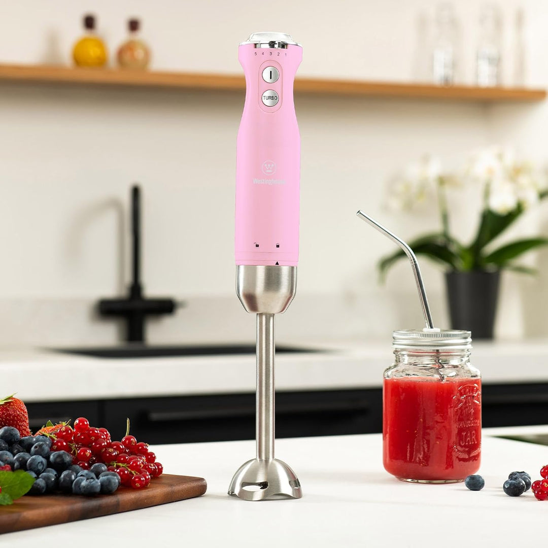 Westinghouse Retro-Stabmixer, Turbofunktion, Handblender, Edelstahl-Mixfuss, spritzarm, 600 W, rosa
