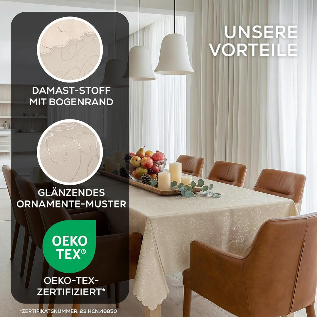 BEAUTEX Tischdecke Damast Ornamente - Bügelfreies Tischtuch - Fleckabweisende, Pflegeleichte Tischwä