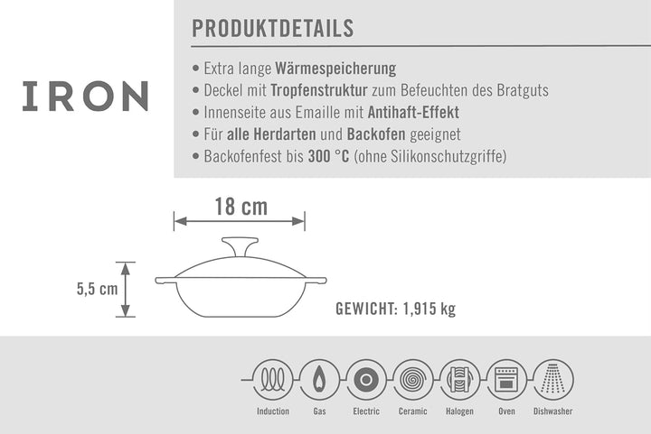 Woll Iron Servierpfanne mit Deckel und Silikongriffen - Induktiv -, Ø 18 cm, 5,5 cm hoch - Geeignet