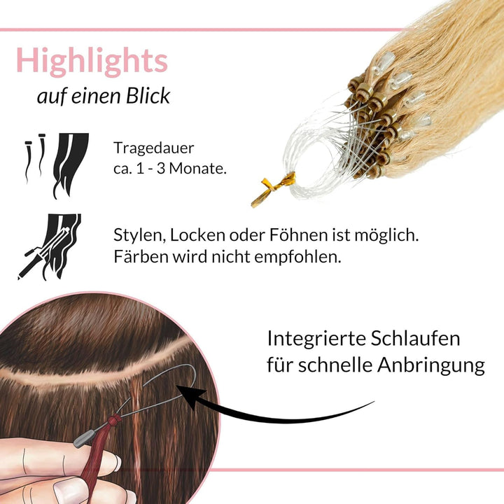 hair2heart Microring Extensions Echthaar glatt - 25 Strähnen 1g 50cm 9/31 lichtblond gold-asch 50cm