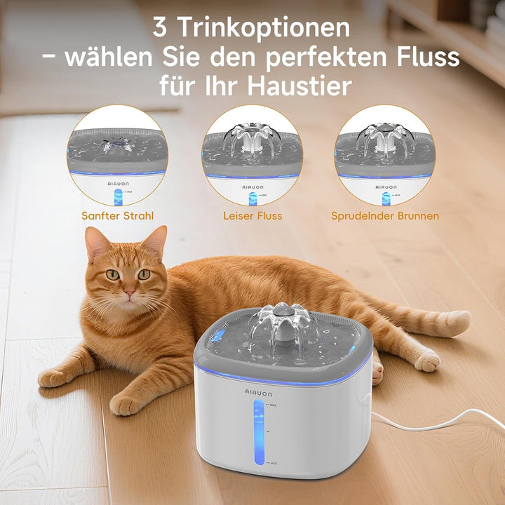 Trinkbrunnen für Katze, 2,5L Katzenbrunnen Leise mit 2 Ersatzfiltern und LED-Wasserstandsfenster für