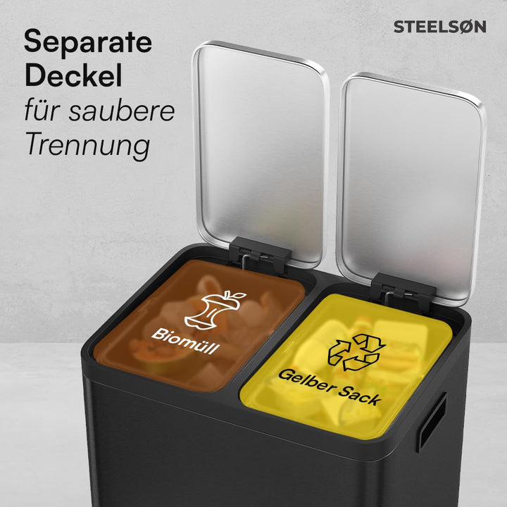 STEELSØN Epsilon Mülleimer 2 Fächer – Mülltrennsystem Küche 2x15L aus Edelstahl Schwarz – Tretmüllei