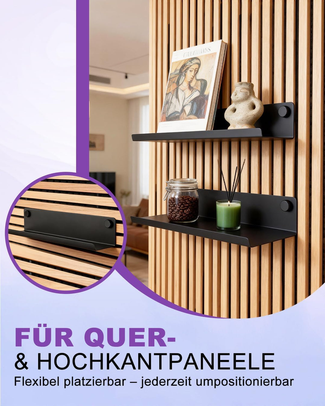 Haliya Regal für Akustikpaneele – 7,5x36 cm Wandregal ohne Bohren – Metall Schwarz matt – Zubehör fü
