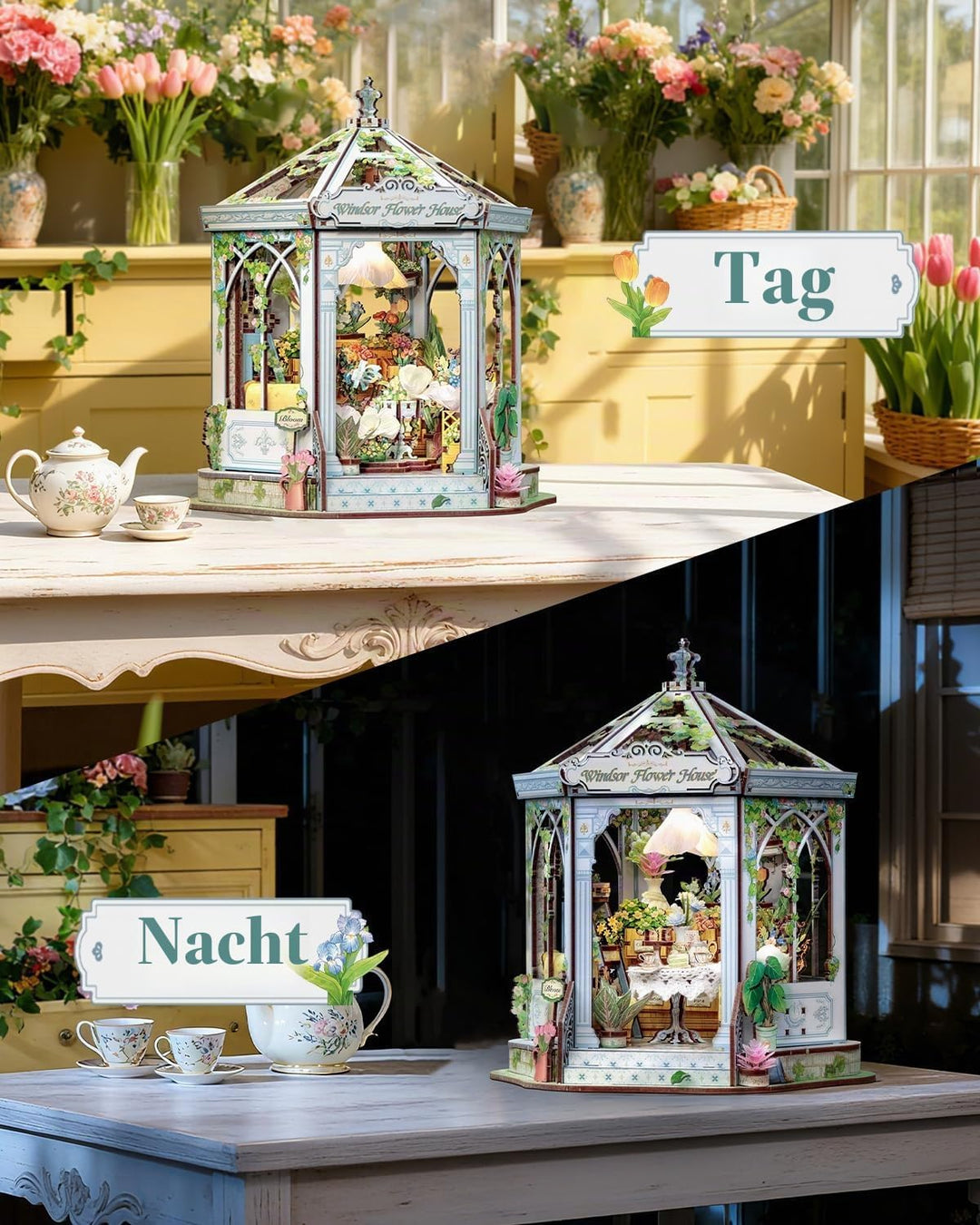 CUTEBEE Europäisch-Retro 3D-Puzzle Book Nook Puppenhaus-Set, eleganter Wintergarten mit Afternoon-Te