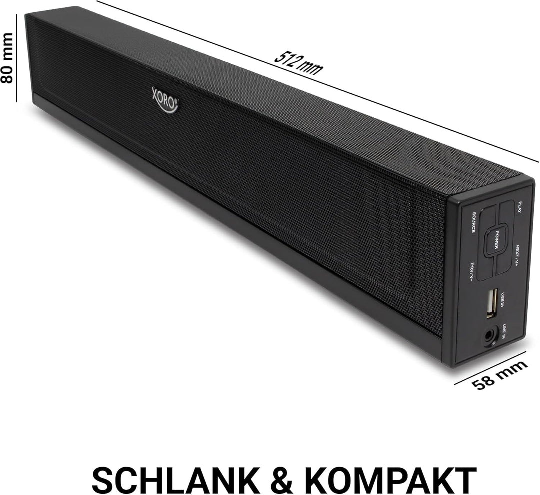 XORO TV Soundbar HSB 50 V2 mit 25 Watt Leistung, Bluetooth Lautsprecher, USB Mediaplayer, Line IN, O