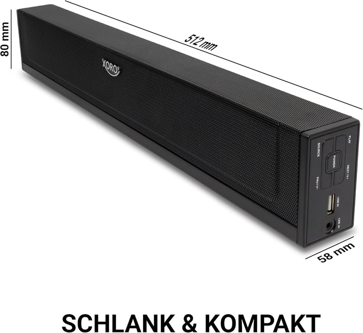 XORO TV Soundbar HSB 50 V2 mit 25 Watt Leistung, Bluetooth Lautsprecher, USB Mediaplayer, Line IN, O