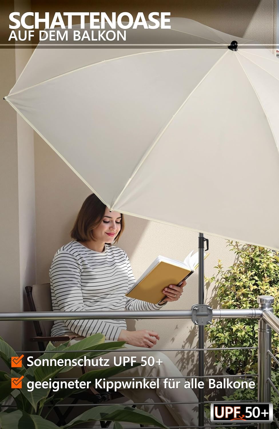 4smile Sonnenschirm Balkon SunnyJoy im 3er-Set - UPF 50+ Balkon Schirm 160 cm + Sonnenschirmhalter B