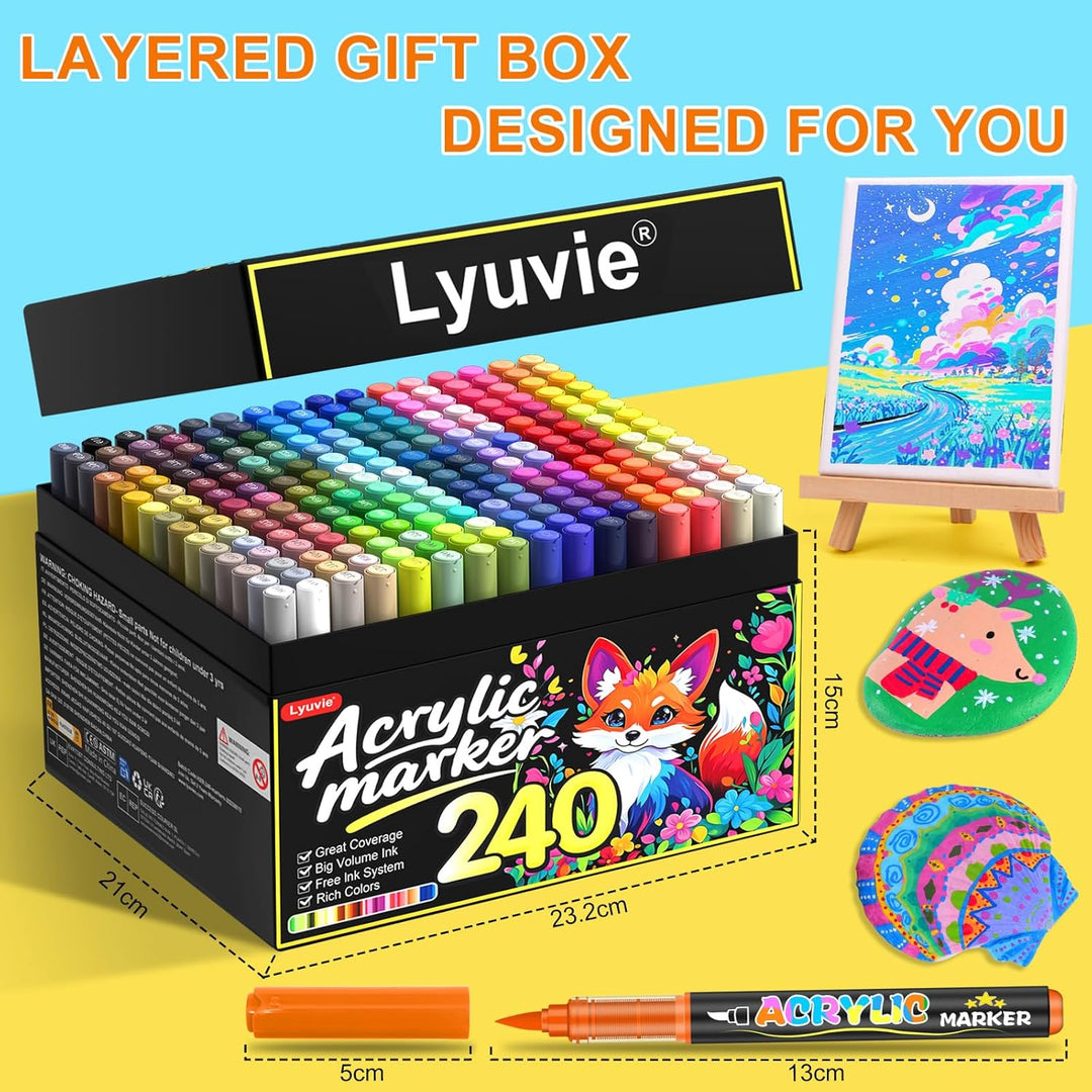 Lyuvie 240 Farben Acrylstifte für Steine WasserfestSet, Permanente Acrylic Paint Brush Marker Acryls