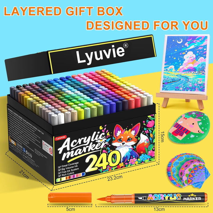 Lyuvie 240 Farben Acrylstifte für Steine WasserfestSet, Permanente Acrylic Paint Brush Marker Acryls