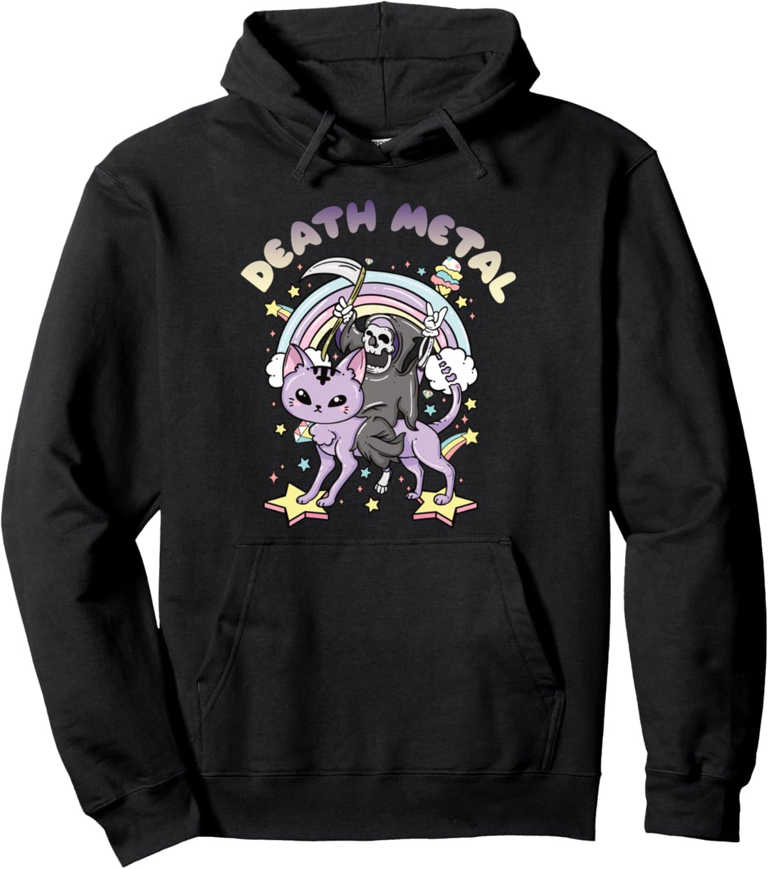 Death Metal Sensenmann reitet eine Katze Pastell Regenbogen Pullover Hoodie