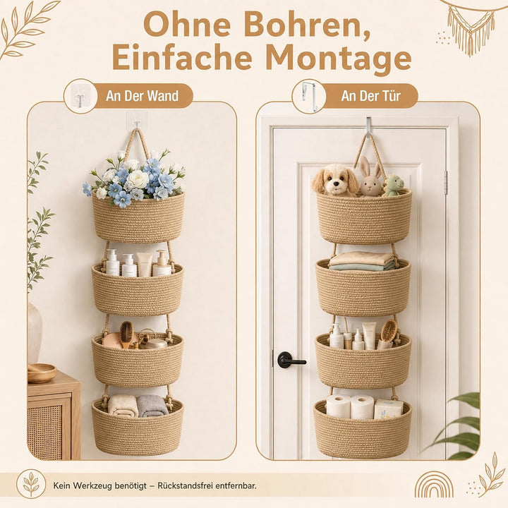 Organizer Wand Hängend Korb, 4-stöckige Baumwollseil Hängeorganizer, Boho Hängekörbe Organizer mit H