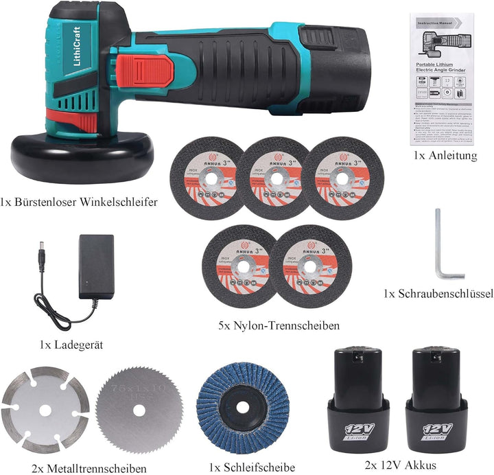 Mini Akku Winkelschleifer 12V, 76mm (3 Zoll) Bürstenloser Trennschleifer mit 2x 1500mAh Akku & 8 Sch