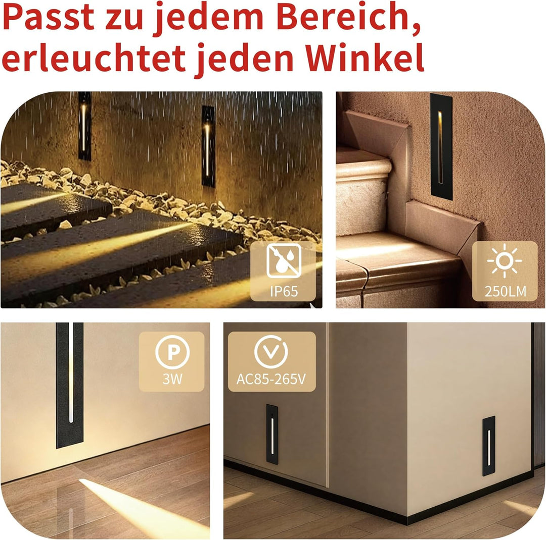 2Stk. LED Einbauleuchte für Treppenleuchte 3W, IP65 Wasserdichte Treppenbeleuchtung Treppen Licht St