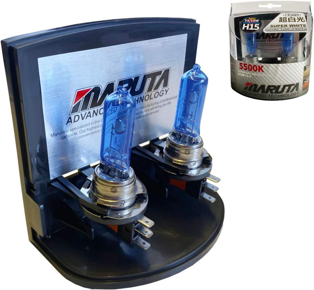MARUTA SUPER WHITE H15 12V 55/15W Halogenlampe für Fernlicht & Tagfahrlicht, 5500K Xenon-Effekt, lan