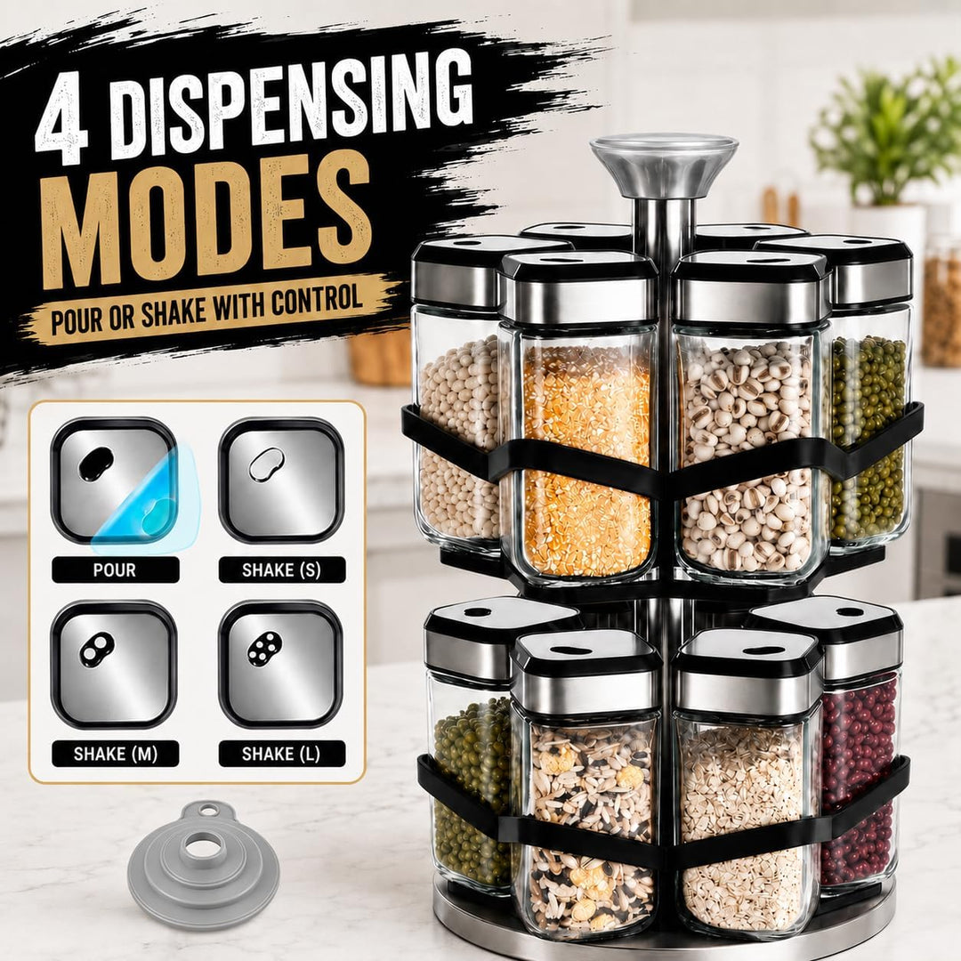 SIAZIH Gewürzregal Drehbar 2 Etagen mit 12 x 120ml Gewürzgläser, 360°-Uhr Lochgrösse wählen, 360° Ge