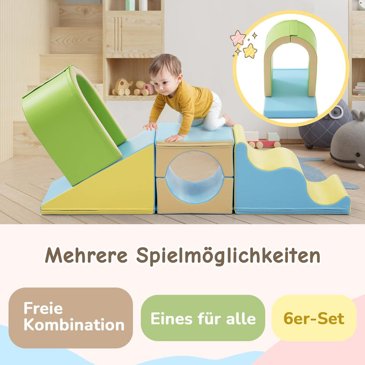 Schaumstoffbausteine 6-in-1 mit Krabbelbogen und Wellenrutsche – Indoor Klettergerüst & Motorikspiel